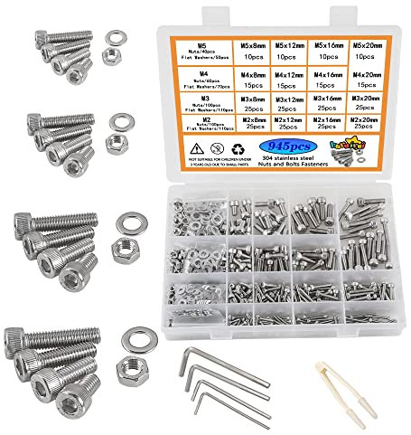 huruirui M2 M3 M4 M5 Schrauben und Muttern Set Unterlegscheiben Sortierter Satz 304 Edelstahl 945pcs Zylinderkopfschrauben Gewinde Maschine Schrauben Hex Bolzen Reparatur Werkzeuge