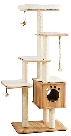 67-Zoll-Katzenturm mit mehrschichtiger Plattform und Eigentumswohnung, moderner Katzenbaum aus Holz, hoher Kratzbaum mit Kratzbäumen aus Sisalseil, Katzenhausmöbel mit waschbaren Plüschkissen for groß