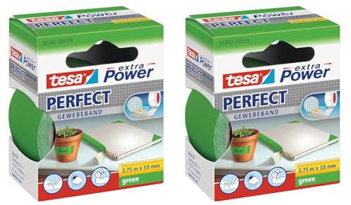 tesa extra Power Perfect Gewebeband - Gewebeverstärktes Ductape zum Basteln, Reparieren, Befestigen, Verstärken und Beschriften - Grün - 2,75 m x 38 mm (Packung mit 2)
