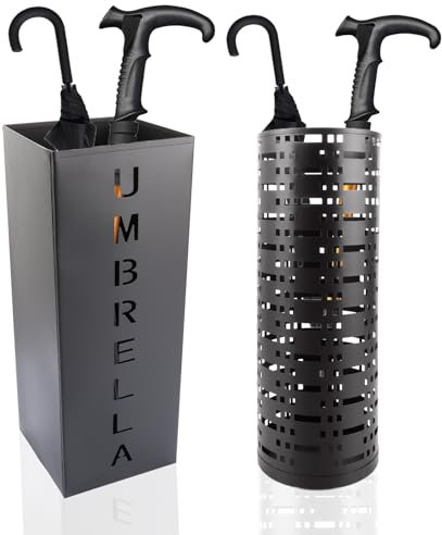 ZOFUN 2 Pcs Umbrella Stands, Round & Square Metal Umbrella Stand 42 cm, Black Umbrella Holder with Hollow Design for Draining, Large Umbrella Stand for Hallway Home Office Entryway