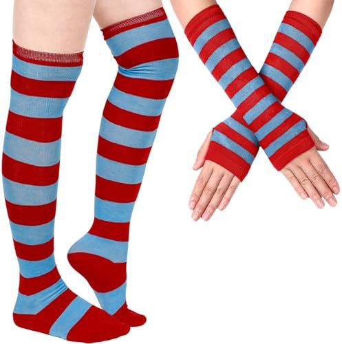 Blulu Arm Warmers Leg Warmers for Women Girls Striped Thigh High Socks Fingerless Gloves Striped Stocking(Red and Blue)