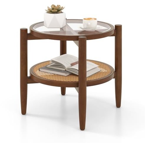 COSTWAY Table d’Appoint Ronde en Bois, Bout de Canape avec Plateau en Verre Trempé, Design Cannage en Rotin PE, Petite Table Basse Salon, 56 x 56 x 46 cm