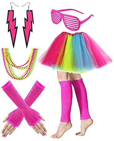 80er Jahre Outfit Damen Set, Tutu Tüllrock,Beinwärmer,Armbänder,Halskette,Ohrring,Brille,80er 90s Jahre Thema Retro Neon Party Outfit für Karneval Kostüm Halloween,80er Jahre Kleidung Damen Set