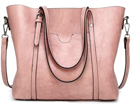 Wisafory Damen Groß Handtasche Leder Umhängetasche Weich Ledertasche Shopper Tasche Schultertasche mit Schultergurte und Griff Mehrere Fächer Tote Bag Vintage Damentasche Henkeltasche Rosa