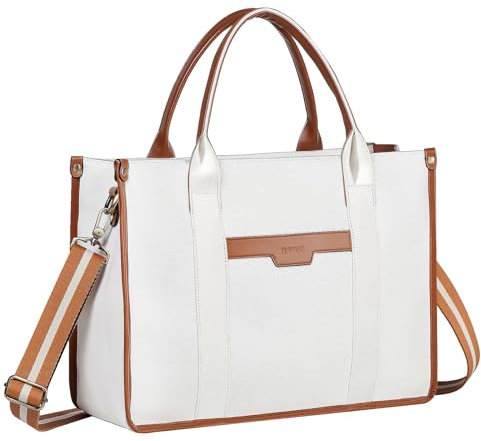 RAVUO Arbeitstasche Damen, Canvas Laptoptasche 15.6 Zoll Business Taschen Frauen Aktentasche Groß Shopper Tote Bag Lehrertasche Bürotasche Weiß&Braun