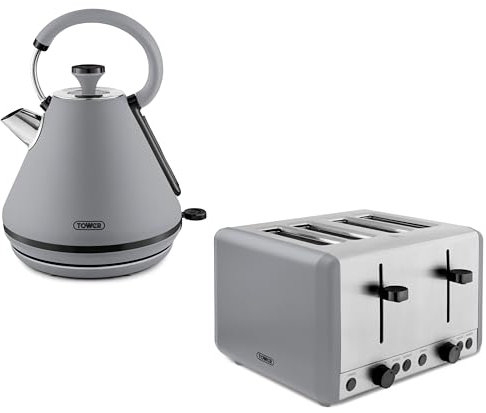 Tower Sera 1.7L 3KW Pyramid Kettle & 4 Slice Toaster Matching Set in Matte Grey with Smoked Black Trim, TWRSERAPKT4GRY