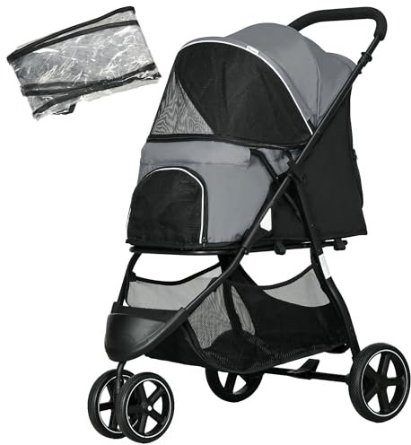 PawHut Hundebuggy Haustierwagen mit Regenschutz 2 Sicherheitsleinen Katzenwagen mit Aufbewahrungskorb Klappbar Hundebox für kleine und Miniaturhunde, Oxford, Grau