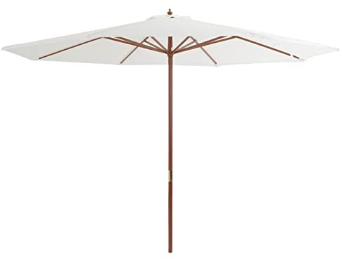 ShCuShan Sombrilla de jardín con palo de madera 350 cm blanco arena Sombrilla Playa Grande, Parasol Terraza Inclinable con Manivela, Protección UV para Patio, Jardín, Piscina, Exterior