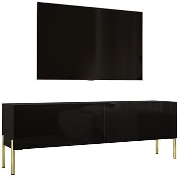 Meuble TV Bas Moderne - Noir Mat/Pieds Dorés - 140x52x32 cm