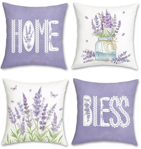 Bonhause 4er Set Kissenbezüge Lavendel 45 x 45 cm Lila Blumen Dekorative Kissenhülle Zierkissenbezüge für Sofa Schlafzimmer Wohnzimmer Zuhause Garten Patio Dekoration