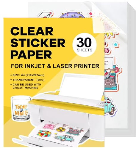 Stickerpapier Papier Zum Bedrucke 30Stk A4 Wasserdicht Bedruckbare Klebefolie Transparent Vinyl Sticker Papier Selbstklebend Für Laserdrucker Tintenstrahldrucker Schnell Trocknen 21 x 29,7 cm