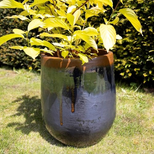 Primrose H26cm Terracotta Tall Round Planter In Grey Blue Garden Patio Flower Pot