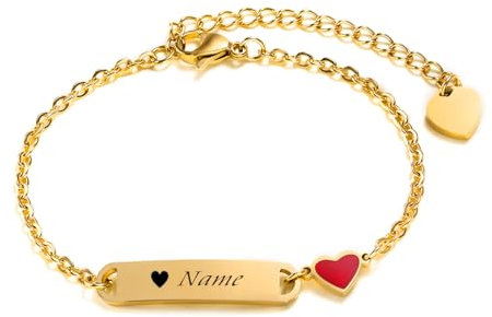 Baby Kind Armband mit Gravur Edelstahl Personalisierte Armbänder Tochter|Gravierbare Kinderarmkette|Taufarmband Junge Mädel| Herzform Charme Name Babyarmband Taufgeschenke(Gold)