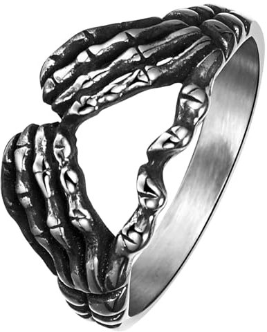 JewelryWe Skelett Hand Herz Ring: Herren Damen Gothic Punk Skull Handknochen Herz Ringe Hip Hop Liebe Geste Fingerringe Halloween Hochzeit Band Schmuck Geschenk für Männer Frauen Größe 65