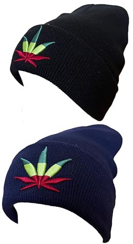 Strickmützen mit Marihuana-Blatt-Design, 2 Stück, Einheitsgröße, Schwarz und Marineblau, Einheitsgr��e