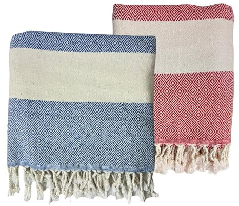MEBY 2er Set Saunatuch XXL 90x180 cm 100% Baumwolle, Strandtuch, Türkisches Handtuch, Hamamtuch, Yogatuch, Picknickdecke, Reisetuch, Badetuch (Rot & Blau)