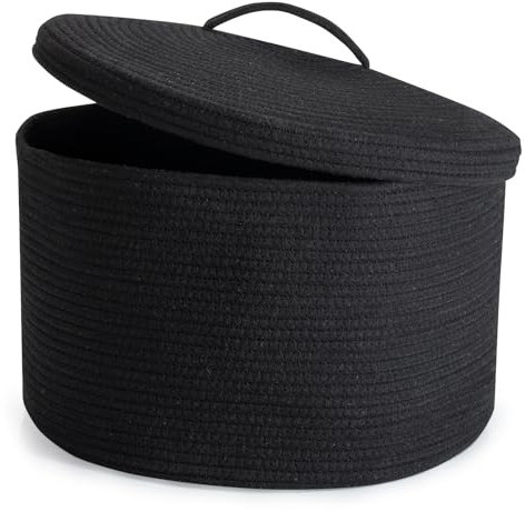 Rieeyrslza Corbeille à Linge en Coton Tissé avec Couvercle 32L Pliable Panier de Rangement Tressé, Poignée Évidée, Placer des Jouets Vêtements, Adapté à Chambre à Coucher Salon, 40 x 25cm(Noir)