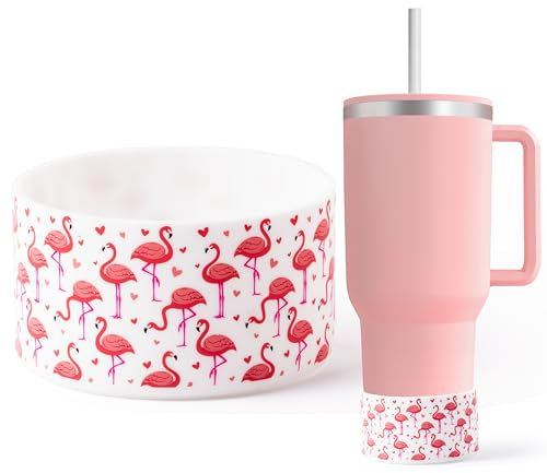 R HORSE Pink Flamingo Silicone Boot for Stanley Cup 30 40 oz, Anti Slip Silicone Boot for Stanley IceFlow Flip 30 20 oz, Hydro Flask Water Bottles Bottom Protector Sleeve Cover Gifts for Girls Women