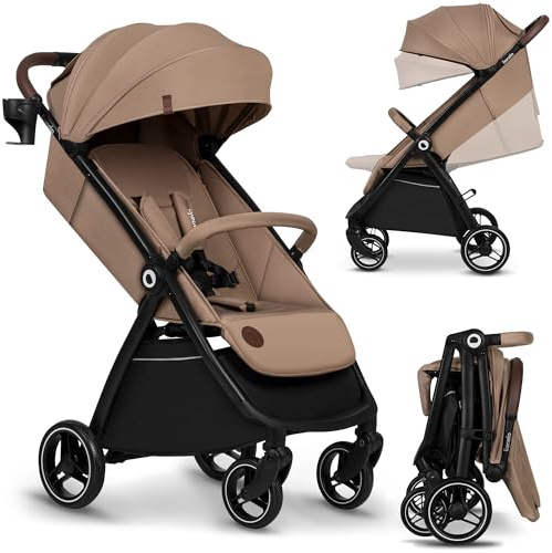 Lionelo INGRID Leichter & Kompakter Kinderwagen ab 6 Monaten bis 22 kg, Auto-Klappbarer Kinderwagen mit Liegesitz, Vollfederung, 360° Schwenkbare EVA-Räder, XXL Baldachin, Reisebuggy mit großem Korb