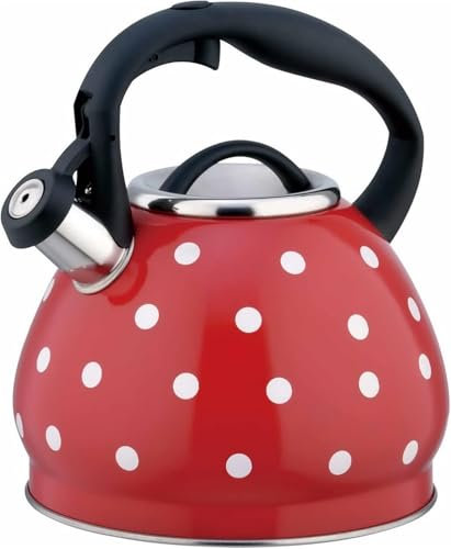 3-Liter-Wasserkocher im Polka Dot-Design, Vintage-Teekanne aus Edelstahl mit lautem Pfeifton und Verbrühschutzgriff, geeignet für Gas- und Induktionsherde(Rot)