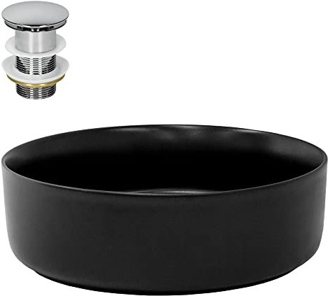 LuxeBath Waschbecken Keramik rund Ø360 x 120 mm Schwarz mit Ablaufgarnitur Silber, Aufsatzwaschbecken für Badezimmer/Gäste-WC, Modernes Aufsatzbecken, Waschtisch Waschschale Waschplatz Handwaschbecken