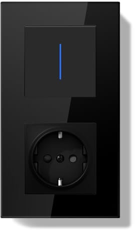 BSEEDLIFE Enchufe con Interruptor,Interruptor Pared Reinicio Conmutador Empotrado con Marco de Cristal con LED Indicador,1 Gang 1 Vía,157 * 86mm Negro(Reinicio automático Pulsadores)