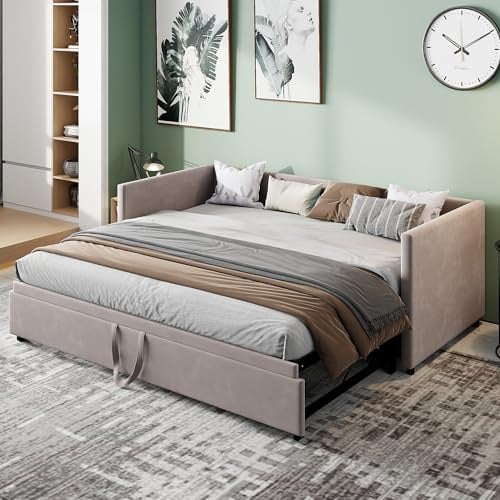 ZHDOKA Schlafsofa, ausziehbar, 90/180 x 200 cm, 2-Sitzer-Sofa mit Lattenrost, ausziehbar, multifunktional, gepolstert, für 2 Personen, aus Samt, für Schlafzimmer, Wohnzimmer(Grau - A)
