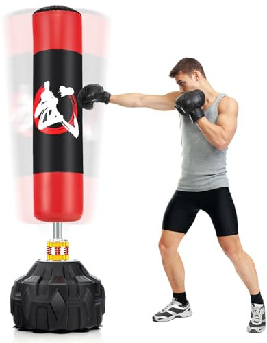 COSTWAY Sac de Frappe Autoportant 178 cm, Sac de Boxeavec Base Remplissable 12 Ventouses&Amortisseurs, pour Adultes Jeunes Musculation, Kickboxing pour Entraînement de Boxe MMA
