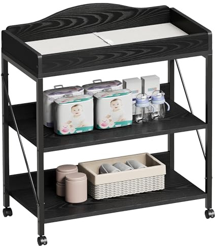 Yetom Baby Changing Table, Diaper Changing Station with Pad and Wheels, Two-Tier Open Storage Shelves, Waterproof Diaper pad & Safety Strap,Compact Baby Furniture for Nursery, Black