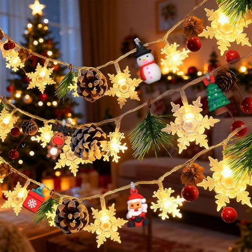 Lichterkette Weihnachten, 2M 20LED Weihnachtsdeko Lichterkette, Warmweiß Weihnachtslichterkette, Lichterkettes Schneeflocken Tannenzapfen, Weihnachtsbeleuchtung für Innen Außen Fenster Balkon Garten