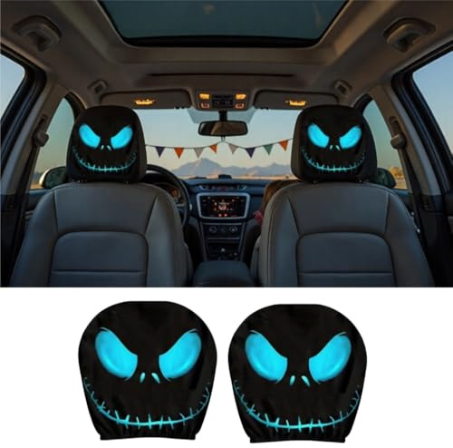 Ctopkatuo Lustige Cartoon Auto Kopfstützen Maske mit Humorvollem Gesicht, Lustige Halloween Kopfstützenbezüge für Autos, Halloween Stoff Gesichtscover (Blau-1 Paar)