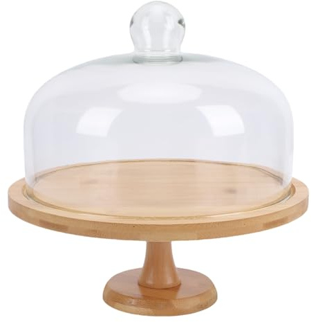 Fockety Alzata per torte in legno da 30 cm con coperchio, grande supporto rotondo per torte con cupola in vetro trasparente, espositore multiuso per dolci per feste di compleanno