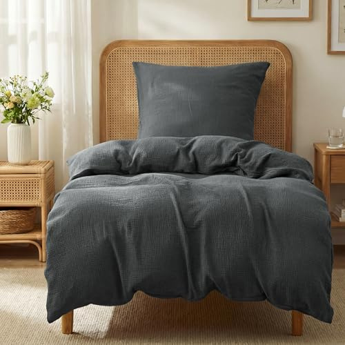 BEDSURE Musselin Bettwäsche 135x200 2teilig - Anthrazit, 80x80 Kissenbezüge | 100 % Baumwolle Bettwäsche-Sets, 1 Bettbezug 135 x 200 und 1 Kissenbezug 80 x 80, mit Reißverschluss, Weich, Atmungsaktiv