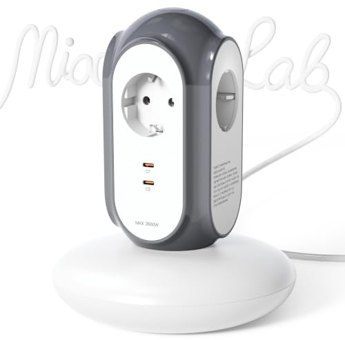 MiaoLab Multiprise Tour 3 Prises AC + 2 USB-C (30W), 3680W/16A, Protection 1420J, Base Anti-basculement, câble 2 m, Protection Contre Les surcharges, Compatible Type C/E/F (Gris Basalte)