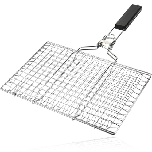SPARES2GO BBQ-Grillkorb mit klappbarem Holzgriff, abschließbarem Edelstahldeckel für Fisch, Gemüse und Fleisch, Aufbewahrungstasche für Outdoor-Kochgeschirr