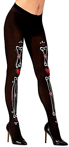 W WIDMANN MILANO Party Fashion - Strumpfhose Dia de los Muertos, 50 DEN, Schwarz mit Knochenaufdruck, Halloween, Karneval, Mottoparty | 50 DEN, schwarz mit Knochenaufdruck für Halloween, Karneval und Mottoparty