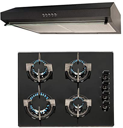 SIA 60cm 4 Burner Black Gas On Glass Hob & Slim Visor Cooker Hood Extractor Fan