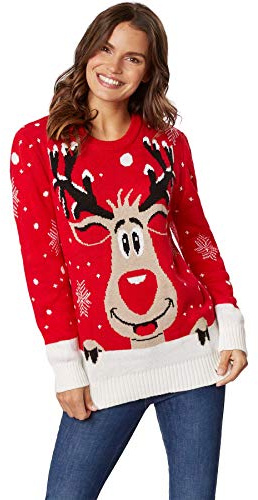 dressforfun 900828 Damen Weihnachtspullover Rudi Rentier, Strickpullover mit lustigem Rentier und Schneeflocken - Diverse Größen - (M | Nr. 303346)