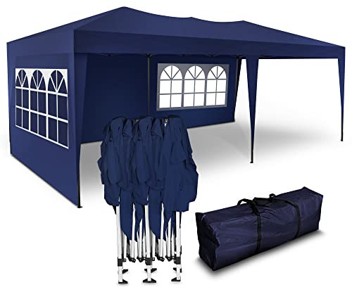 Kronenburg Faltpavillon wasserdicht Pavillon mit 3 Seitenteilen, Gartenzelt, 3x6 m - mit UV Schutz 50+, Blau