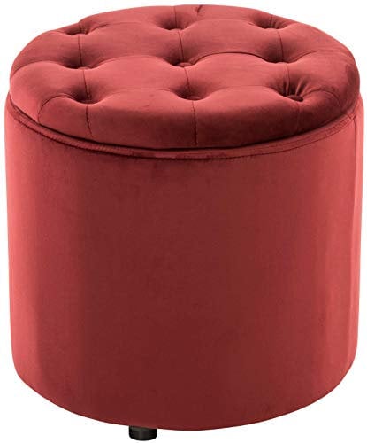 CLP Sitzhocker Pantin Samt I Polsterhocker Mit Stauraum I Gesteppter Hocker Mit Zierknöpfen I Runder Hocker Gepolstert, Farbe:rot