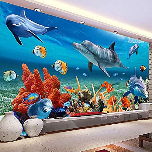 Mural Photos Wallpaper Pictures Underwater Dolphin Fish Self-Adhesive PVC Wallpaper 3D Vintage Barber Sho Wallpaper Grey Wall Sticker Border Living Room for Bedroom Rose Blue Mural kids-250cm×170cm