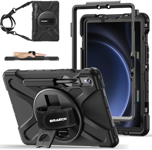 BRAECN Custodia per Galaxy Tab S9 FE 10.9 Pollici, Tab S9/S8/S7 11 Pollici, Antiurto Robusto Cover con Integrato Pellicola Prottetiva, Supporto Girevole a 360° e Cinturino a Mano, Tracolla, Nero