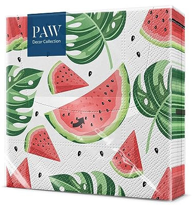 PAW - Servietten 3-lagig (33 x 33 cm) I 20 Stück I Perfekt für Geburtstage, Partys, Hochzeiten, Kommunion und Feiern I Papierservietten Bunt - Muster mit Früchten, Wassermelonen I Tasty Watermelons