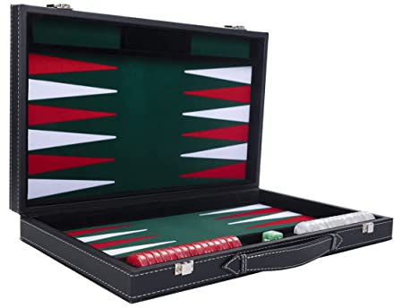 Engelhart - 250511 - Grand Backgammon de Luxe 18 Pouces - 45 cm - Vert - Simili Cuir & Feutre Incrusté - Dés & Jetons Nacrés + 2 Gobelets - Jeu de Stratégie - Pro & Loisirs - Jeux de Backgammon