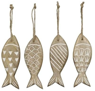 4er Set Holz Fische Deko maritim 10cm Dekoobjekt Weiss braun martime Dekoration Holzfische Anhänger Fisch Maritime psw581 Deko