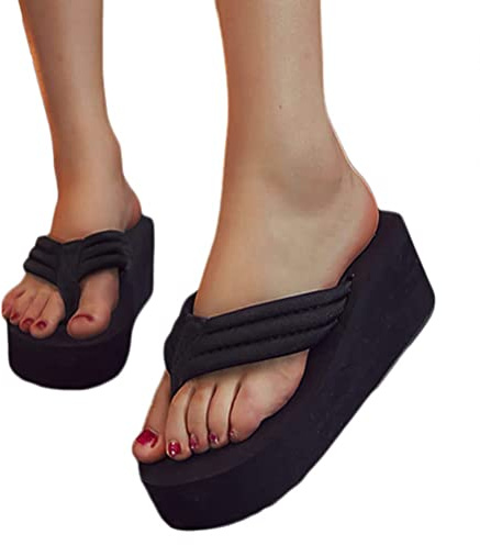 Minetom Femmes Paillettes Tong Compensees Été Plage Piscine Et Vacances avec Tapis De Yoga Confortable Flip Flop Pantoufle B Noir 38 EU