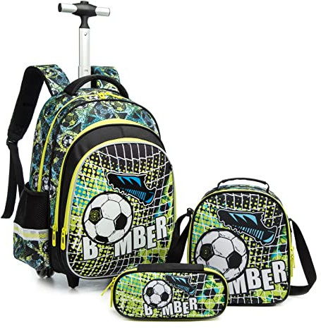 Meetbelify Rollrucksack für Jungen, Rucksack mit Rollen, Kindergepäck, fußball, Reiserucksäcke