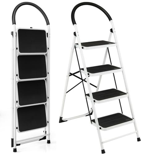 TANGZON Folding 2/3/4 Step Ladder, Steel Step Stool with Widen Anti-Slip Pedals, Reinforced Crossbar, Safety Handrail & Lock, 150kg Capacity Portable Tread Stepladder for Household Garage Shop(4 Step)