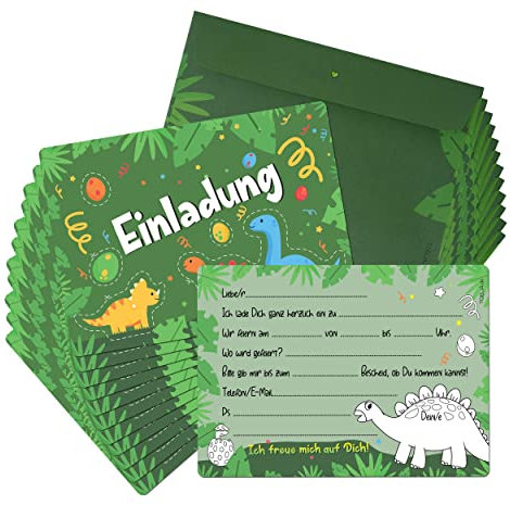 TOBJA® 12x Einladungskarten Kindergeburtstag Dino inkl. Umschläge - Einladung für Kinder mit Dinosaurier Aufkleber | Einladungskarten Geburtstag Jungen | Auch zur Einschulung o. Partyeinladungen