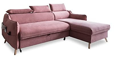 MIUFORM Ecksofa mit Bettfunktion und Bettkasten Kopfstütze | Sweet Harmony Ecksofa Wohnschlandschaft Schlafcouch | Easy Clean Stoff Samt (Altrosa, Rechts ausgerichtet)